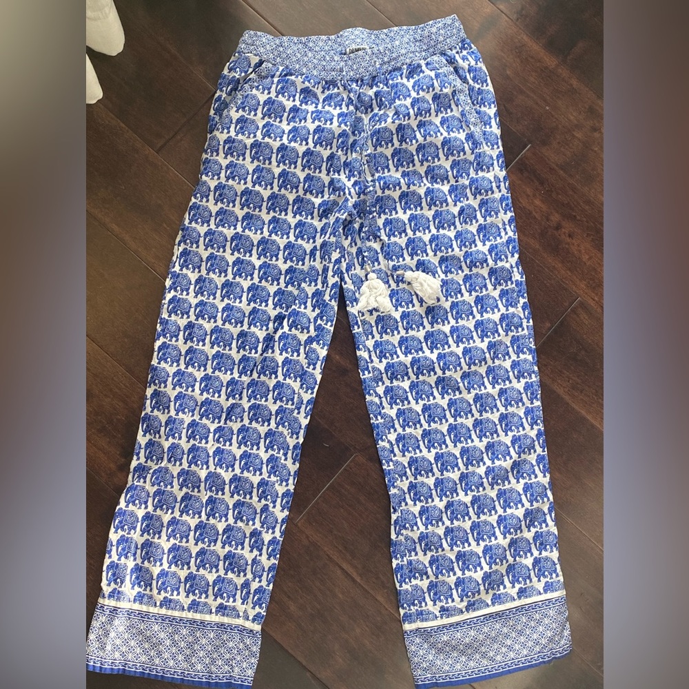 Blue & White Tassel Elephant Block Print Elastic Waist Pull on Pants Trousers